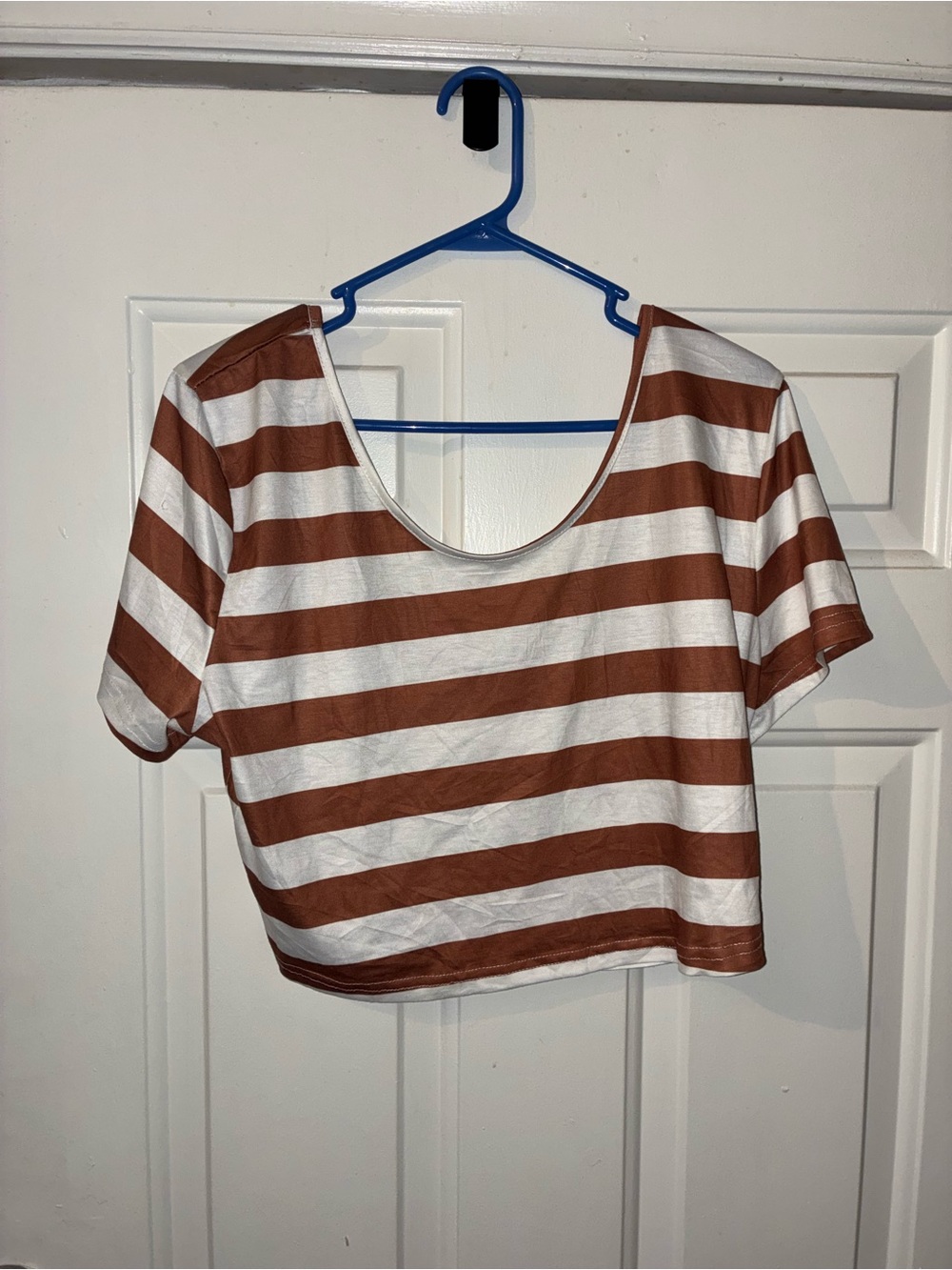 Striped Scoop Neck Crop Top - Brown & White